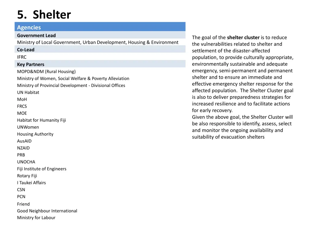 5 shelter agencies government lead ministry