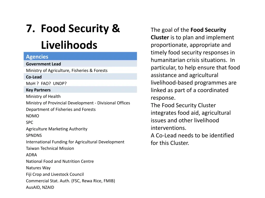 7 food security livelihoods agencies government