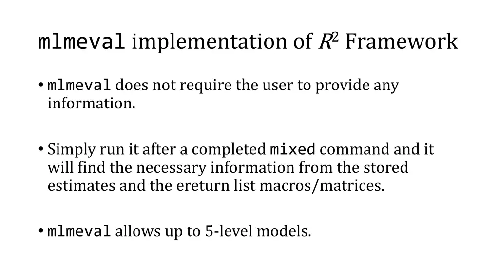 mlmeval implementation of r 2 framework