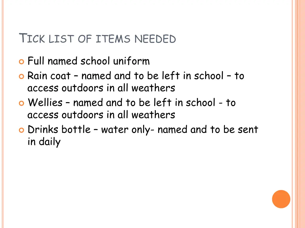 t ick list of items needed