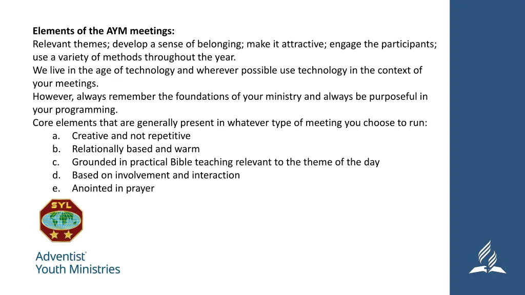 elements of the aym meetings relevant themes