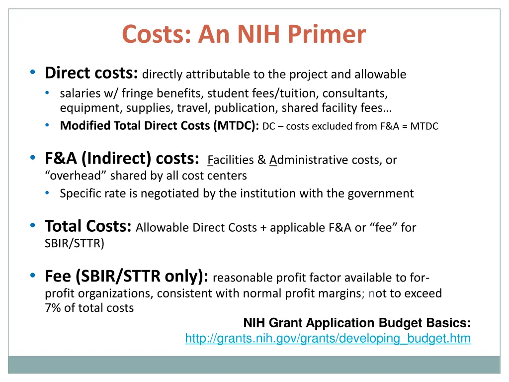 costs an nih primer