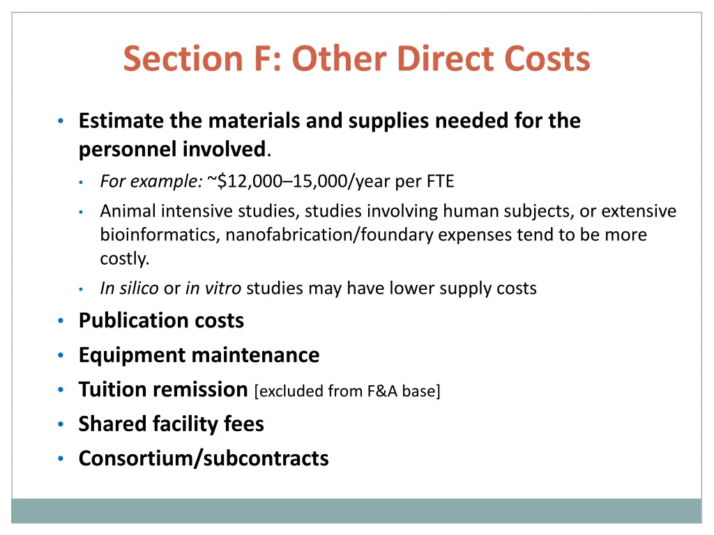 section f other direct costs