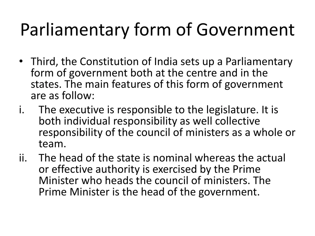 parliamentary form of government