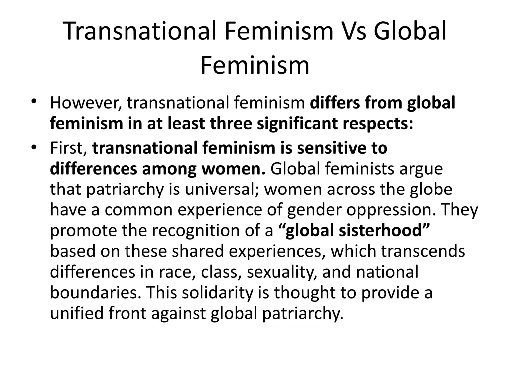 transnational feminism vs global feminism however