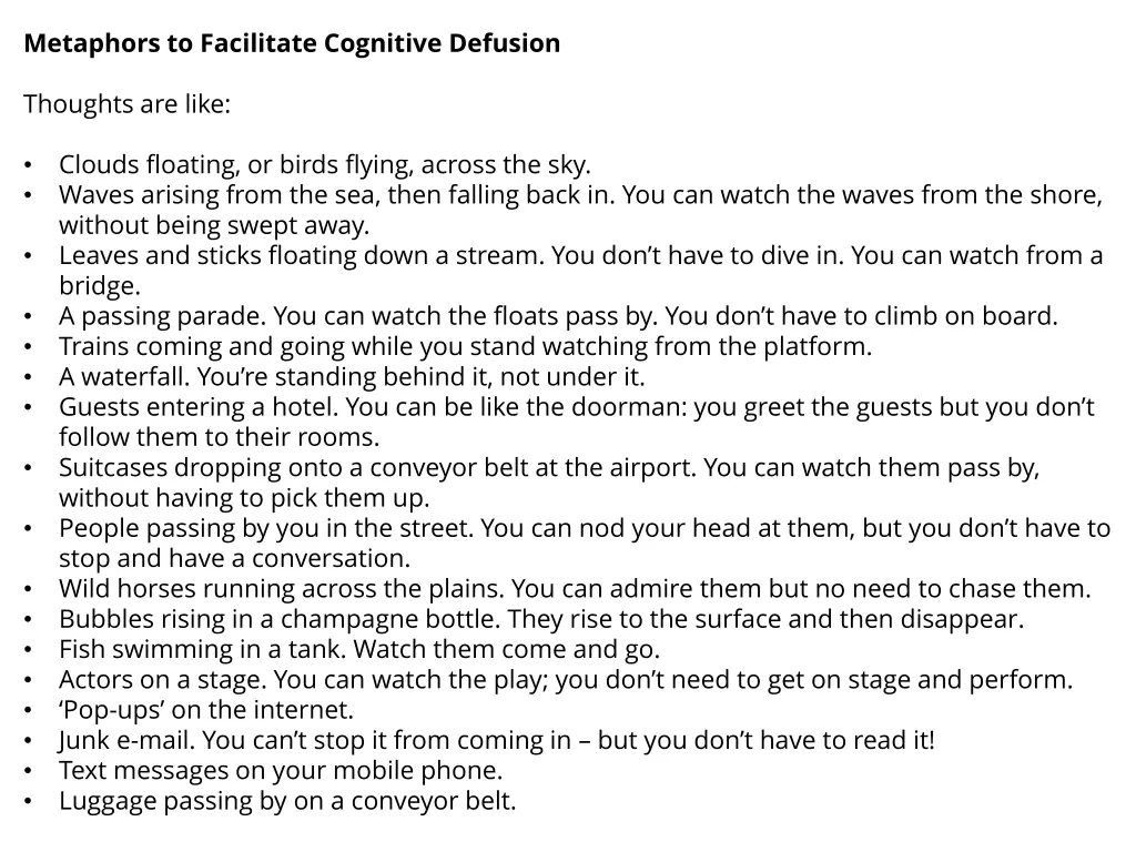 metaphors to facilitate cognitive defusion