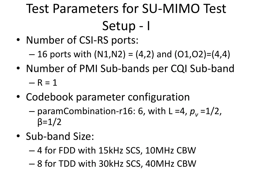 test parameters for su mimo test setup i number