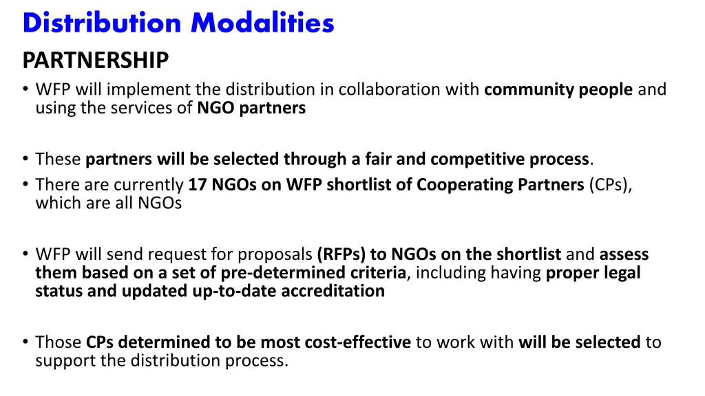 distribution modalities partnership wfp will