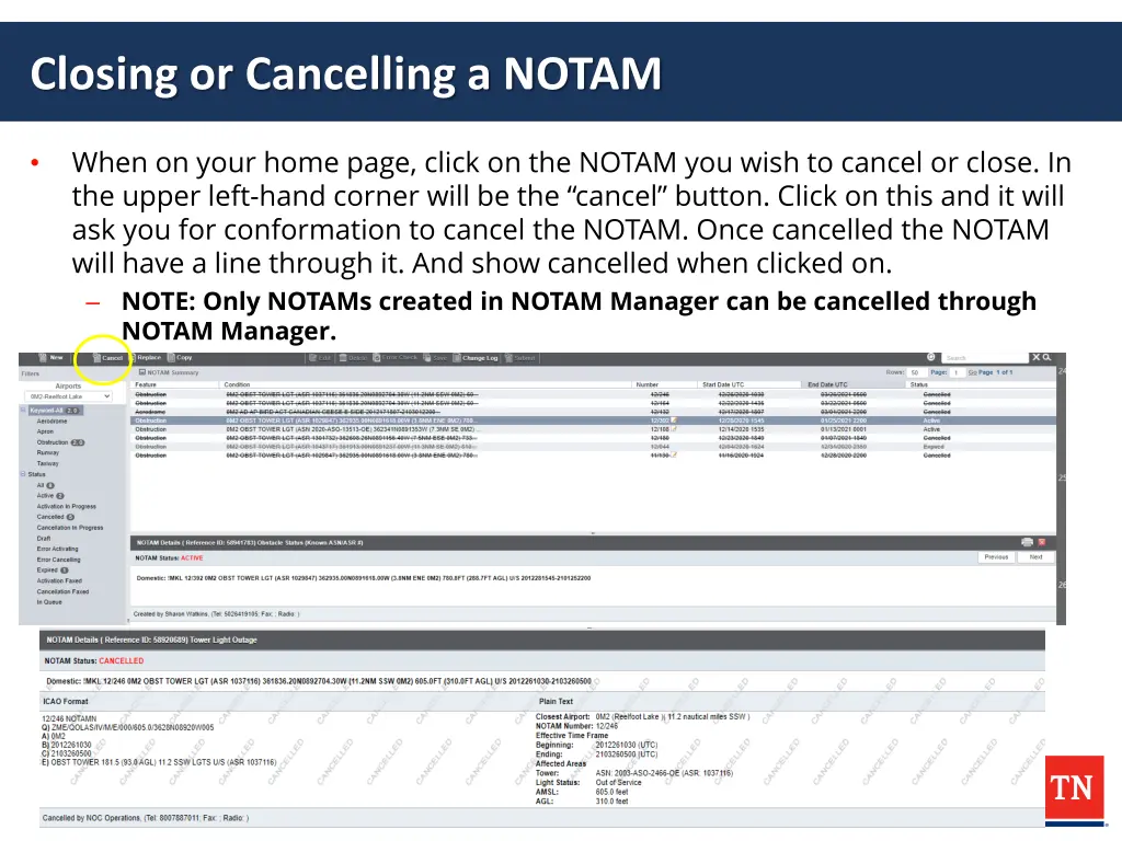 closing or cancelling a notam