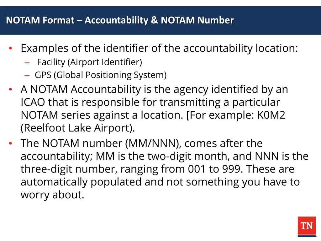 notam format accountability notam number