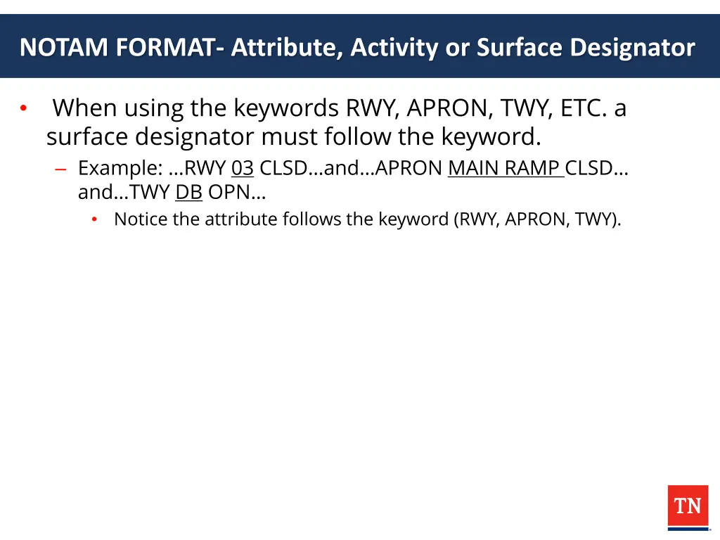 notam format attribute activity or surface