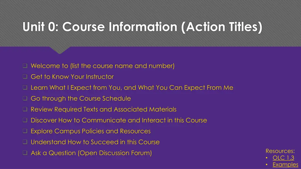 unit 0 course information action titles