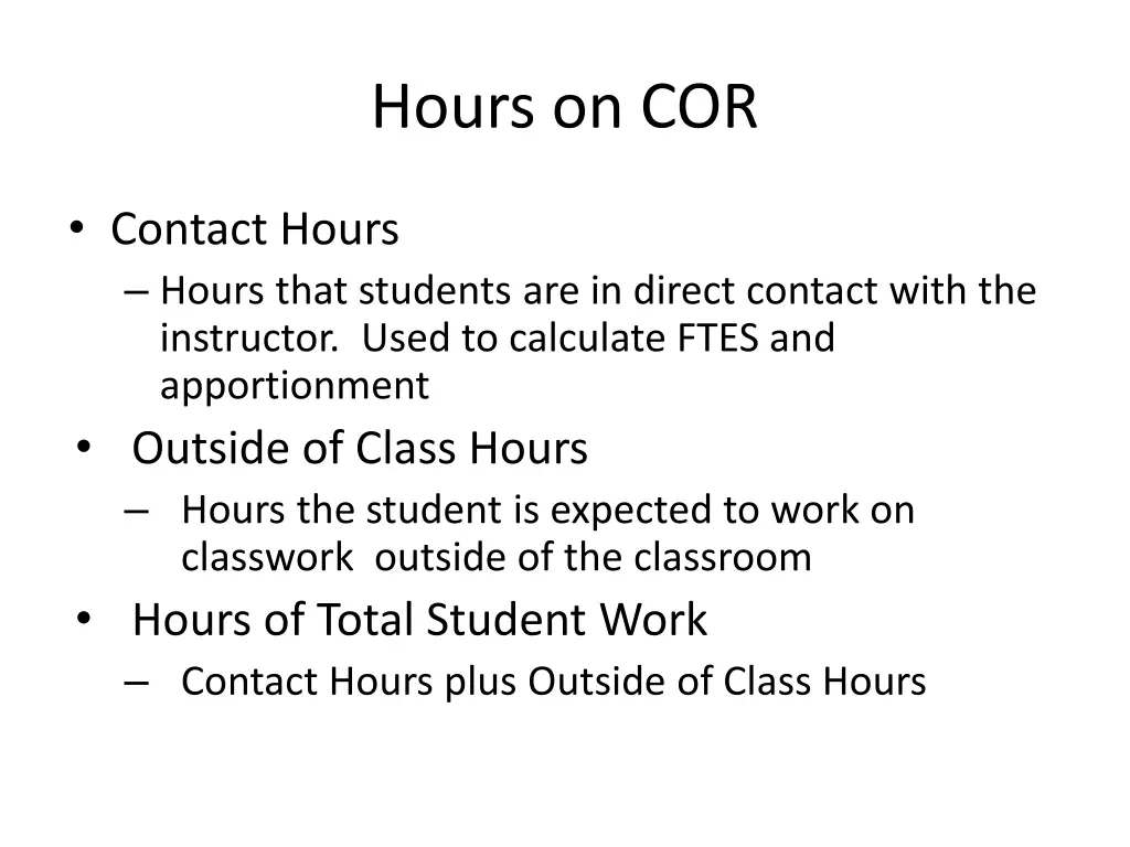 hours on cor