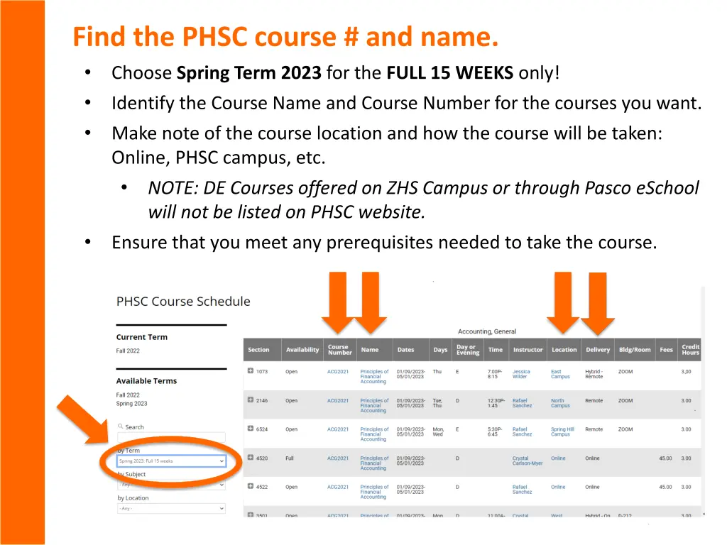 find the phsc course and name choose spring term