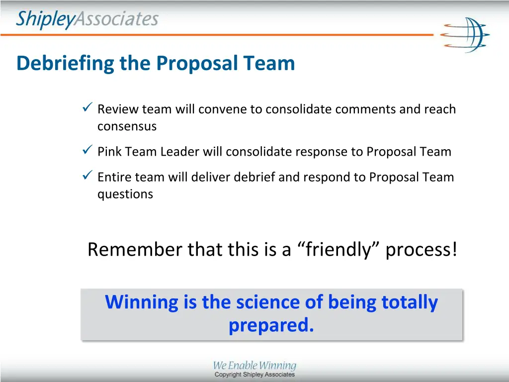 debriefing the proposal team