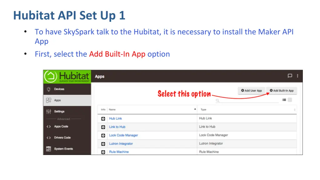 hubitat api set up 1 to have skyspark talk