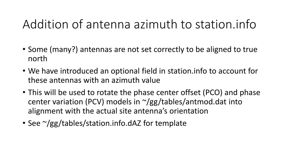 addition of antenna azimuth to station info