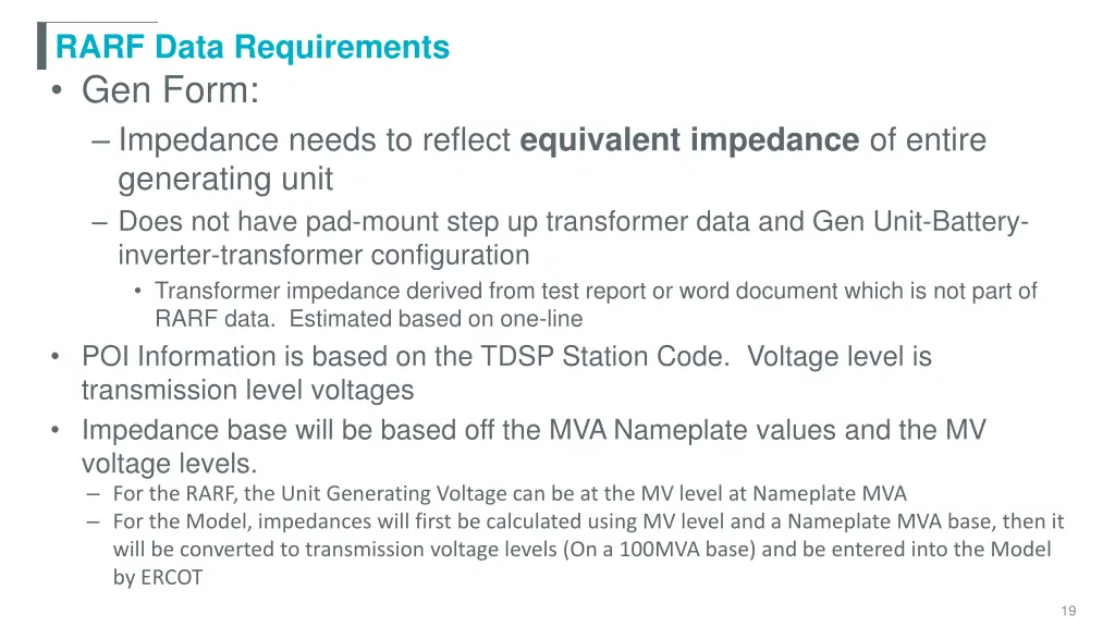 rarf data requirements gen form impedance needs