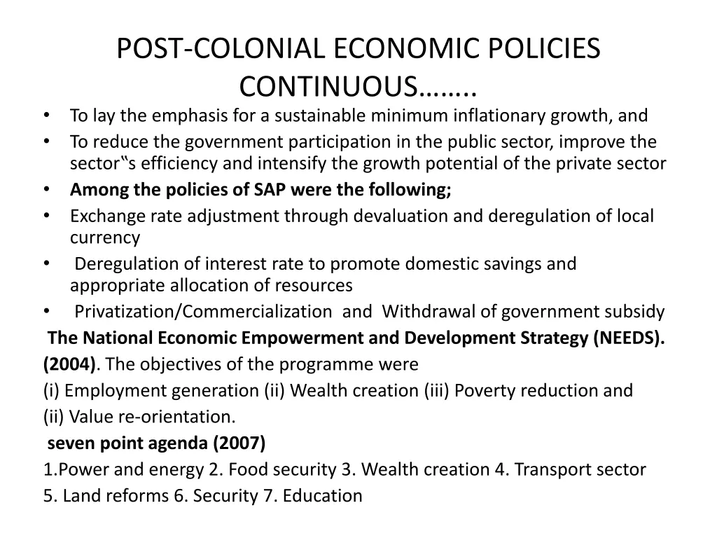 post colonial economic policies continuous 1