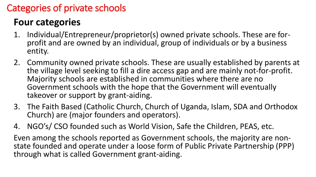 categories of private schools categories