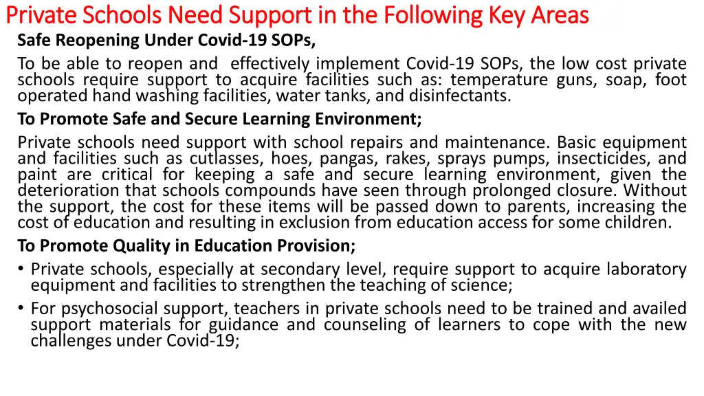 private schools need support in the following