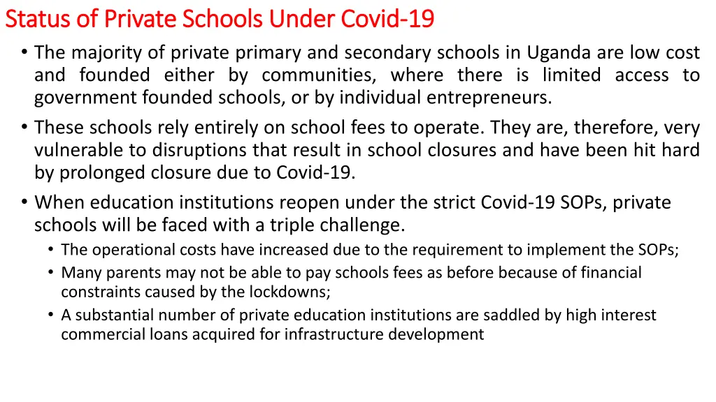 status of private schools under covid status