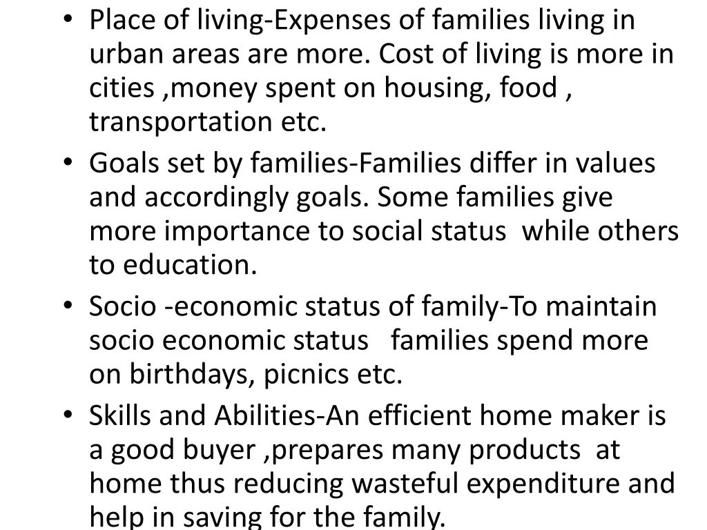 place of living expenses of families living