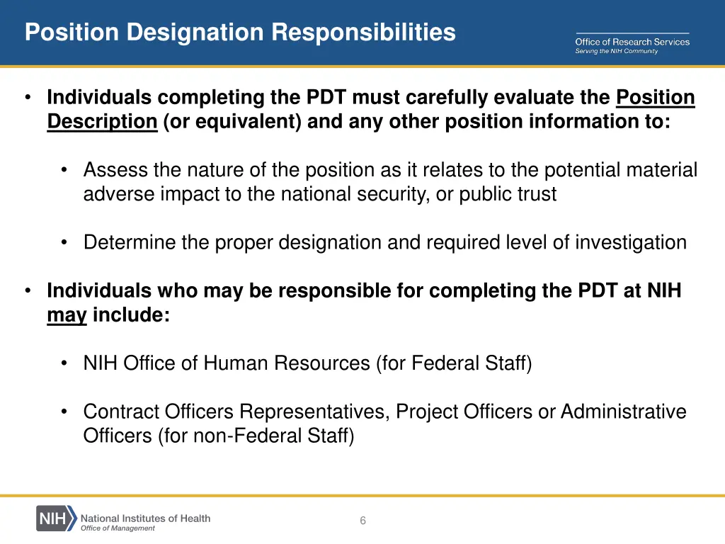 position designation responsibilities