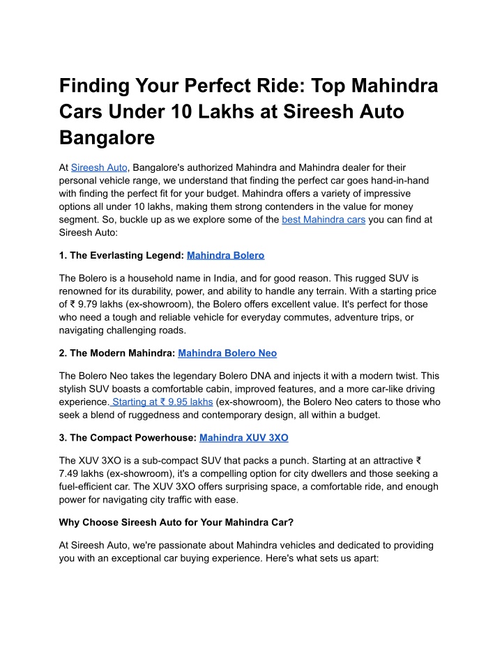 finding your perfect ride top mahindra cars under