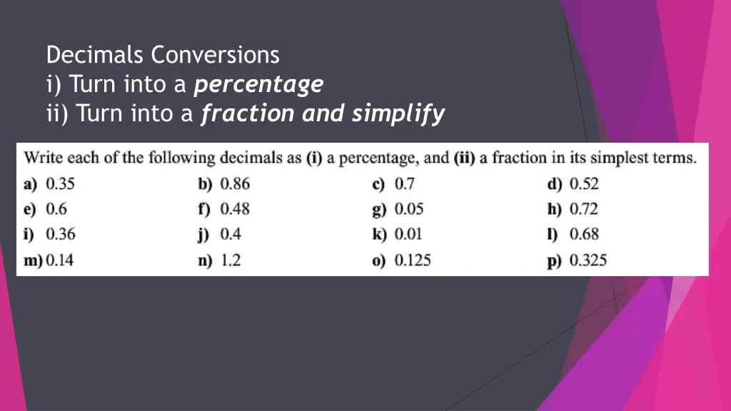 decimals conversions i turn into a percentage