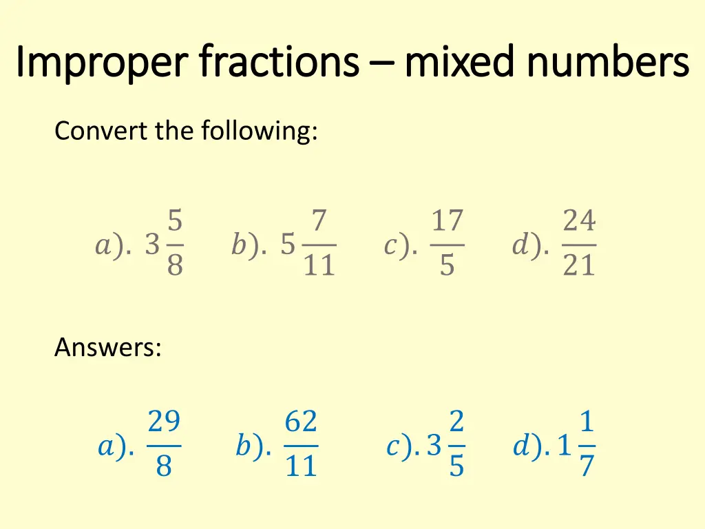 improper fractions improper fractions mixed 1