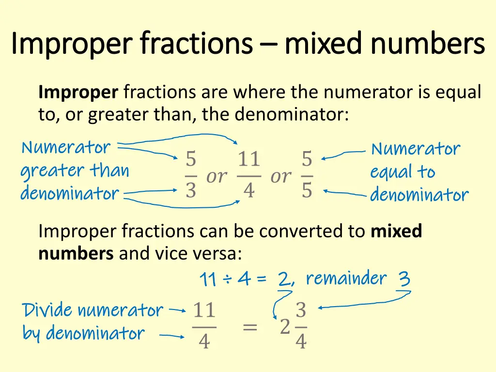 improper fractions improper fractions mixed