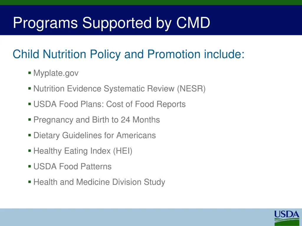 programs supported by cmd 1