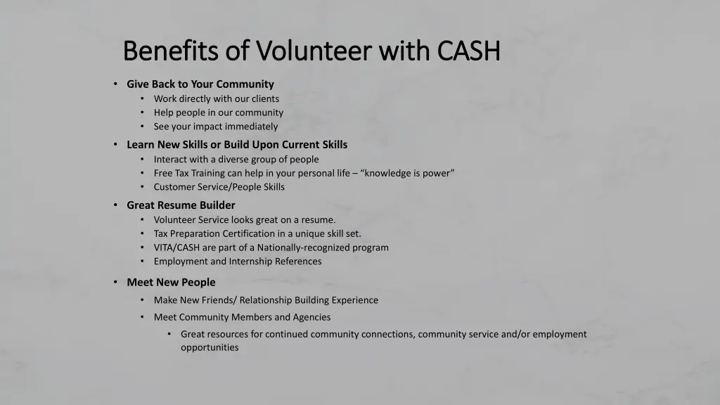 benefits of volunteer with cash benefits