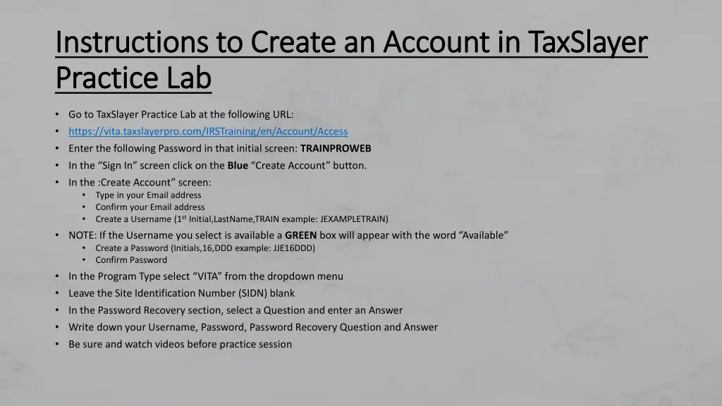 instructions to create an account in taxslayer