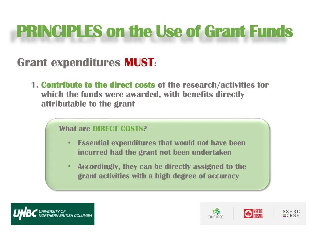 principles on the use of grant funds principles