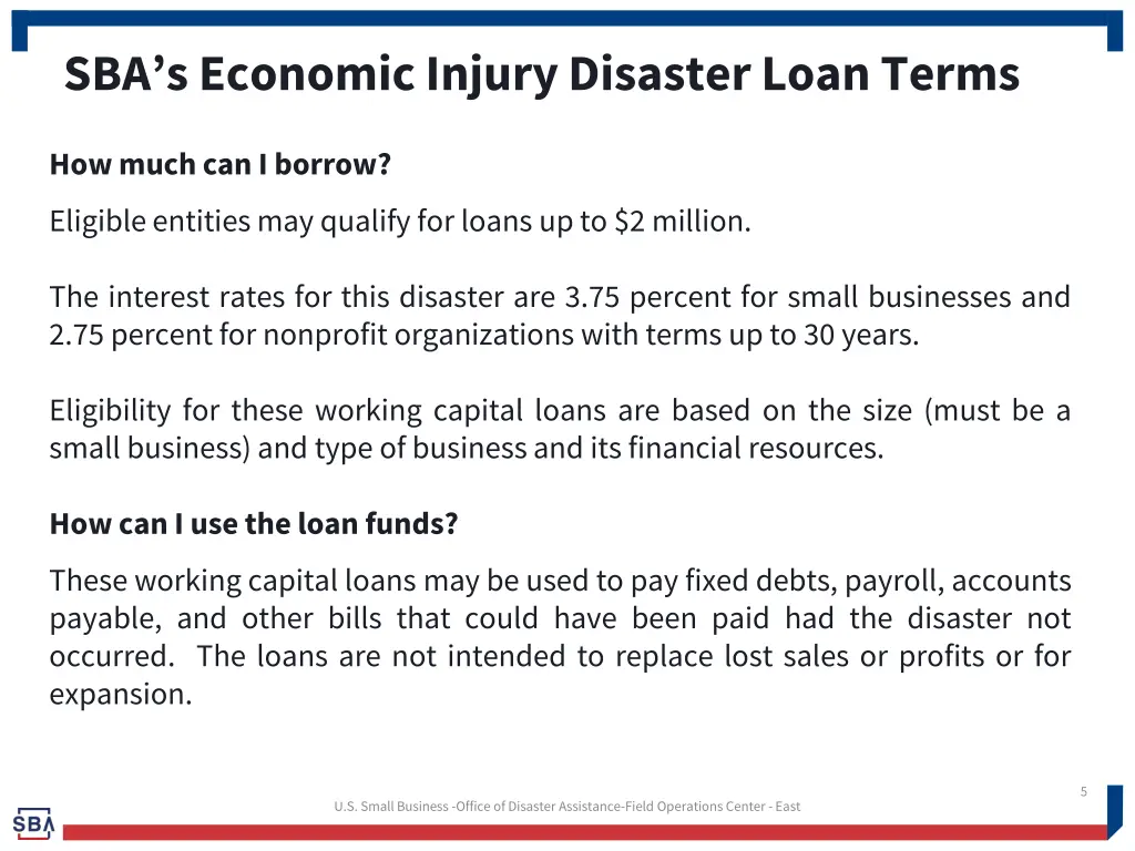 sba s economic injury disaster loan terms