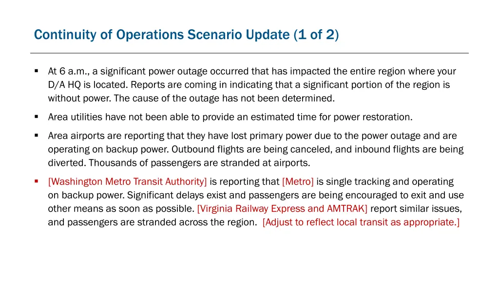 continuity of operations scenario update 1 of 2