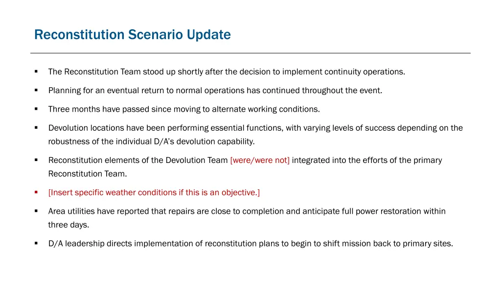 reconstitution scenario update