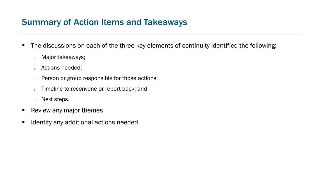 summary of action items and takeaways