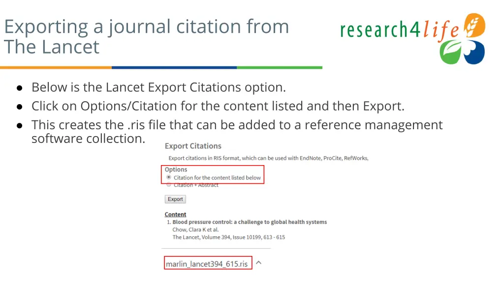 exporting a journal citation from the lancet