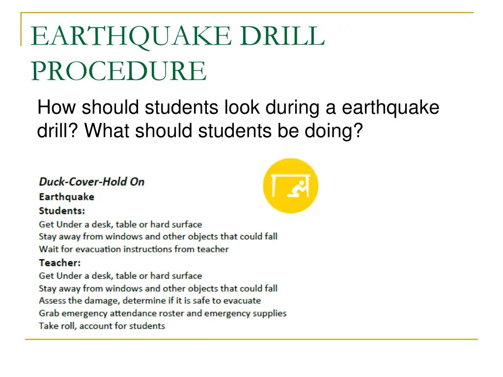 earthquake drill procedure how should students