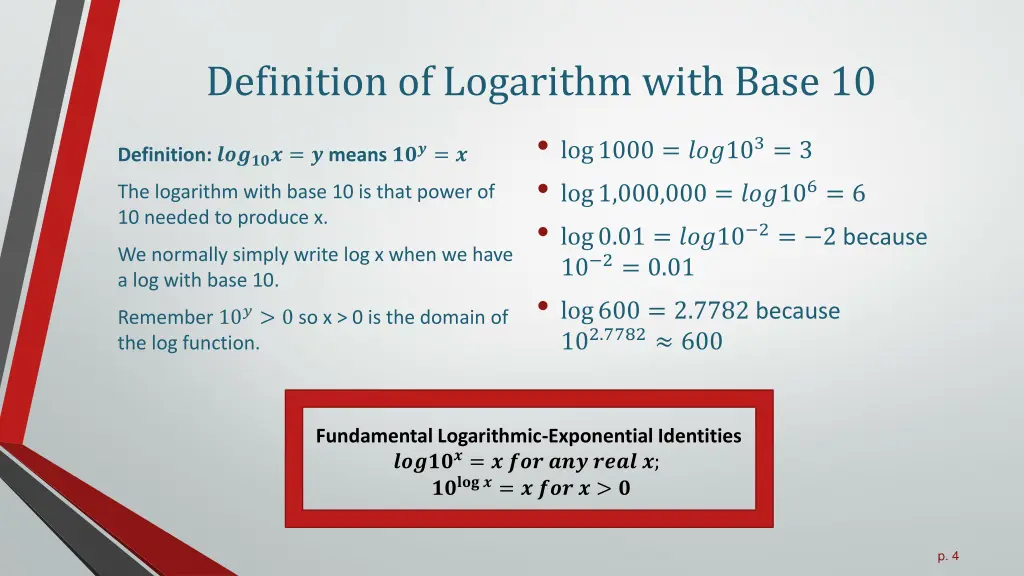 definition of logarithm with base 10