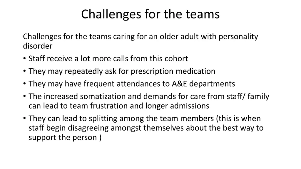 challenges for the teams