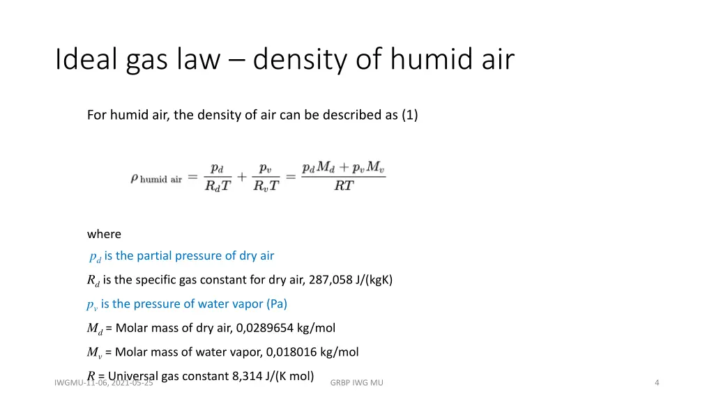 ideal gas law density of humid air