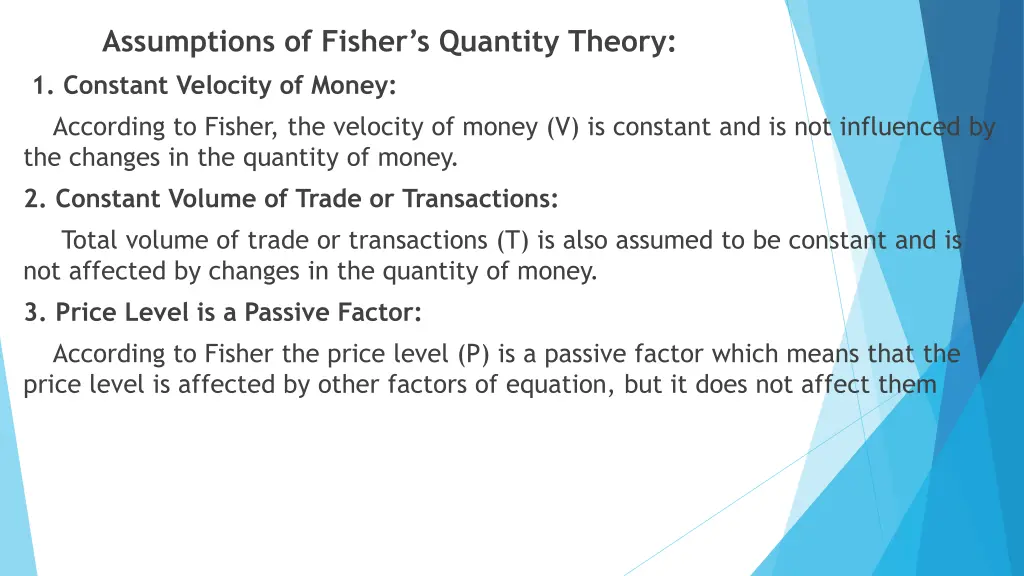 assumptions of fisher s quantity theory