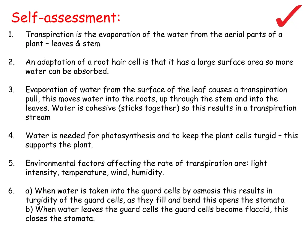 self assessment 1 transpiration