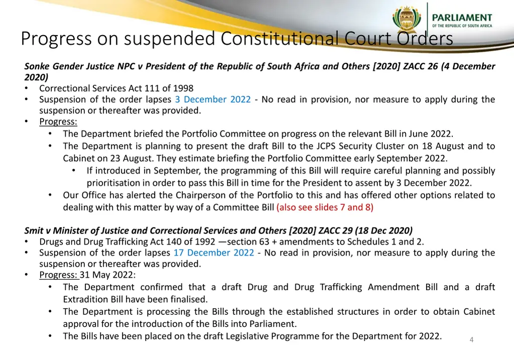 progress on suspended constitutional court orders 1