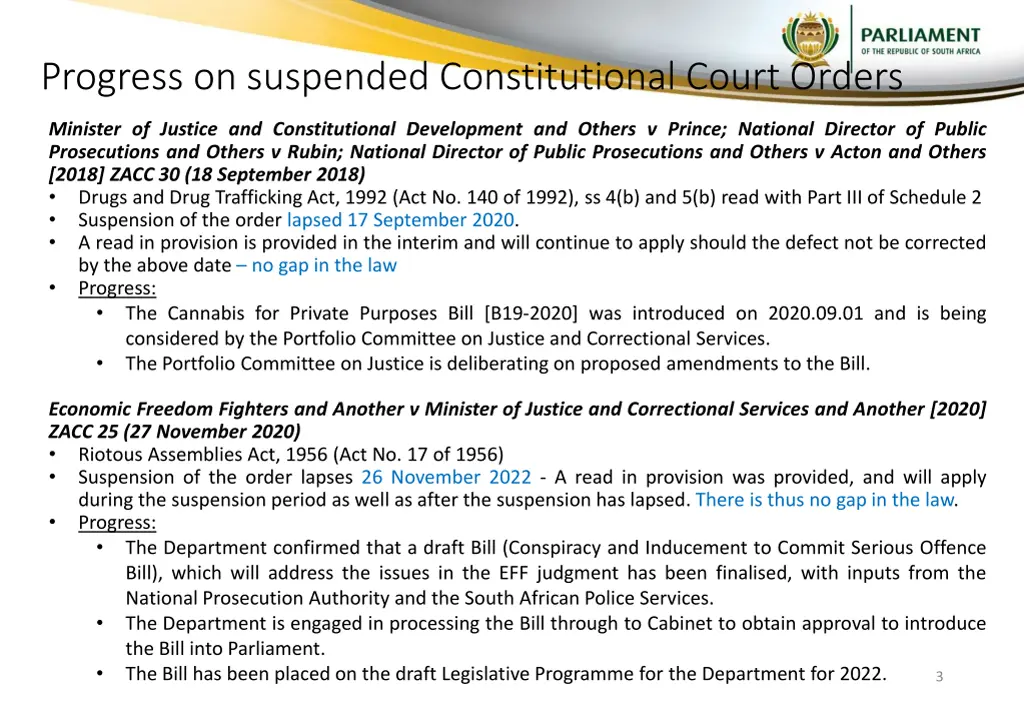 progress on suspended constitutional court orders