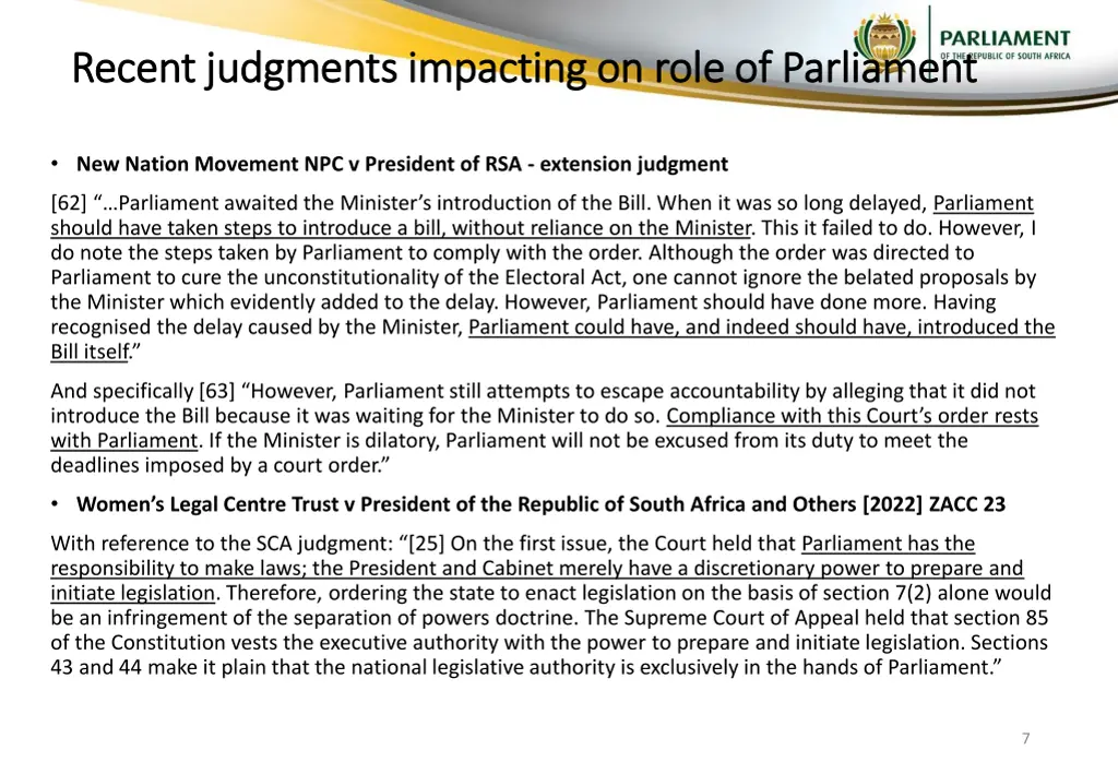 recent judgments impacting on role of parliament